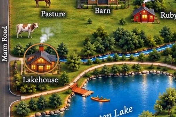 Ruby Ranch map with The Lakehouse — Lakefront on 60 Acres, 8 Miles to Downtown circled