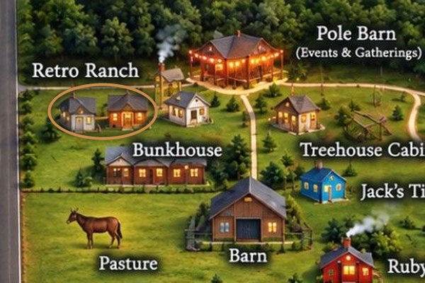 Ruby Ranch map with The Retro Farm Ranch — Sleeps 14, Huge Hot Tub circled