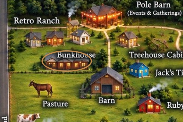 Ruby Ranch map with Cowboy Bunkhouse — Hot Tub by the Lake circled