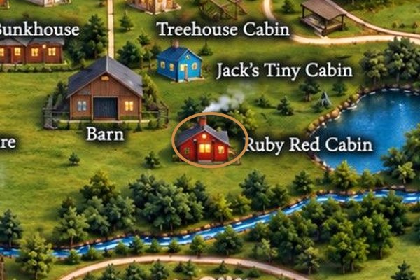 Ruby Ranch map with Ruby’s Red Cabin — Hot Tub & Horses circled