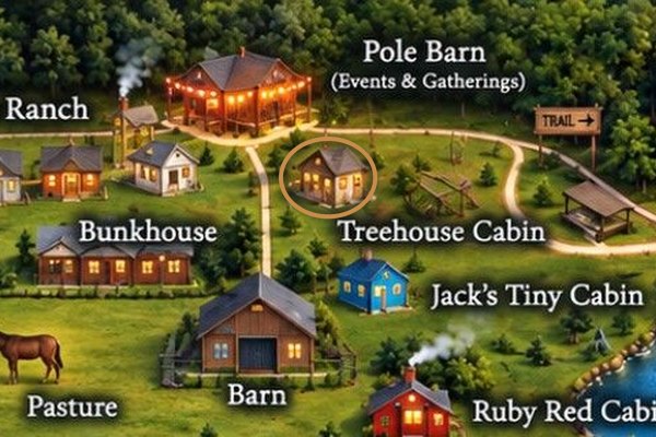 Ruby Ranch map with The Treehouse — Hot Tub on a 60-Acre Farm circled