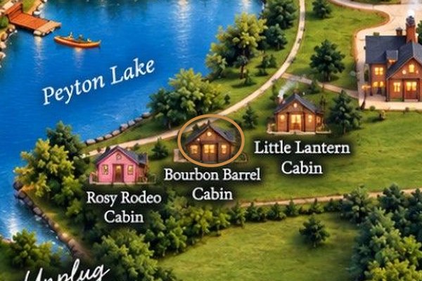 Ruby Ranch map with Bourbon Barrel Cabin — Lakefront near the Airport circled