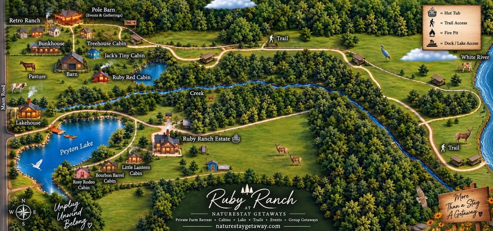 Illustrated map of Ruby Ranch: Retro Ranch, the Bunkhouse, Treehouse Cabin, Jack's Tiny Cabin, Ruby Red Cabin, the Lakehouse, Ruby Ranch Estate and the small cabins by Peyton Lake, with the barn, pasture, creek and trails
